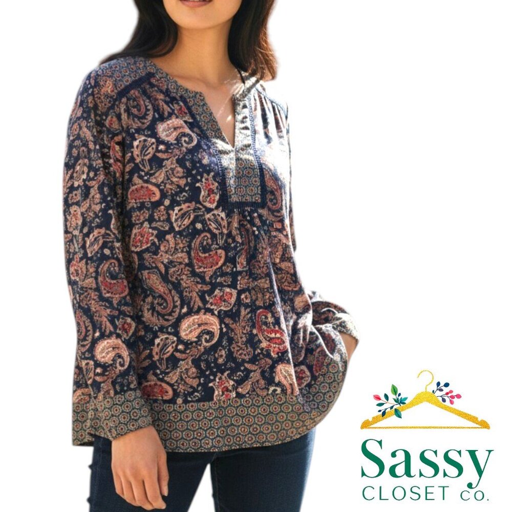 DR2 Navy Boho Paisley V Neck Top Relaxed Fit Women’s Size XL EUC